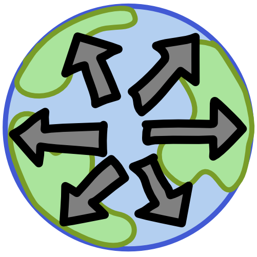 a 2D depiction of earth 5 grey arrows pointing out in a circle over it.